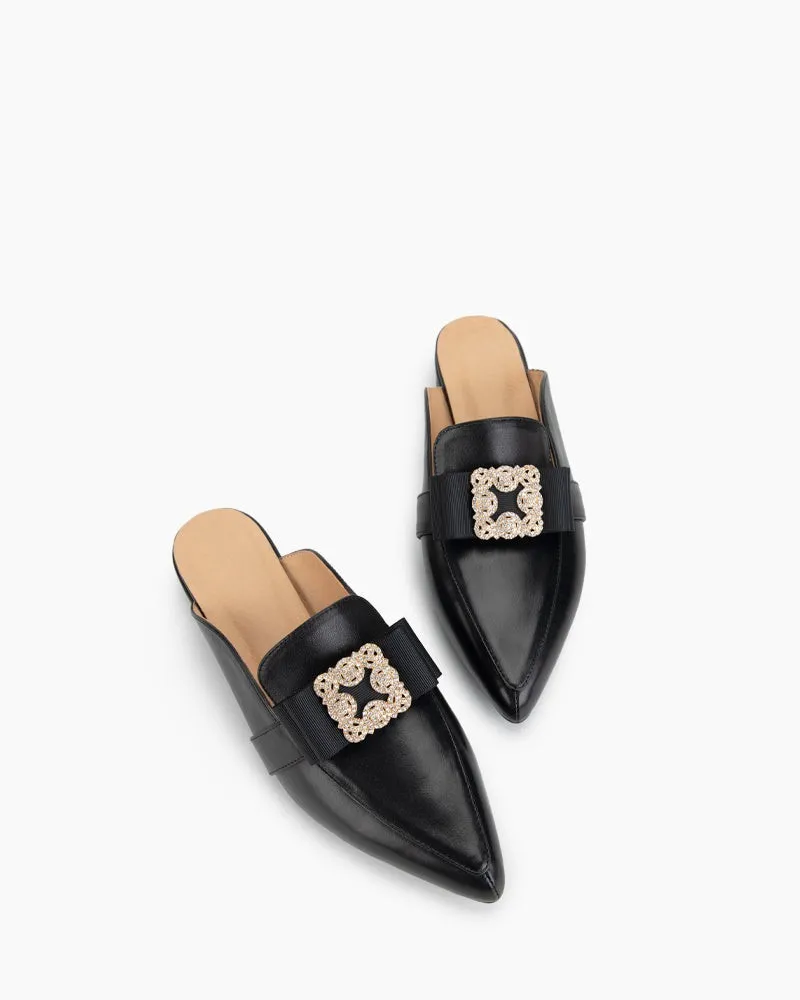 Black Leather Flat Mules