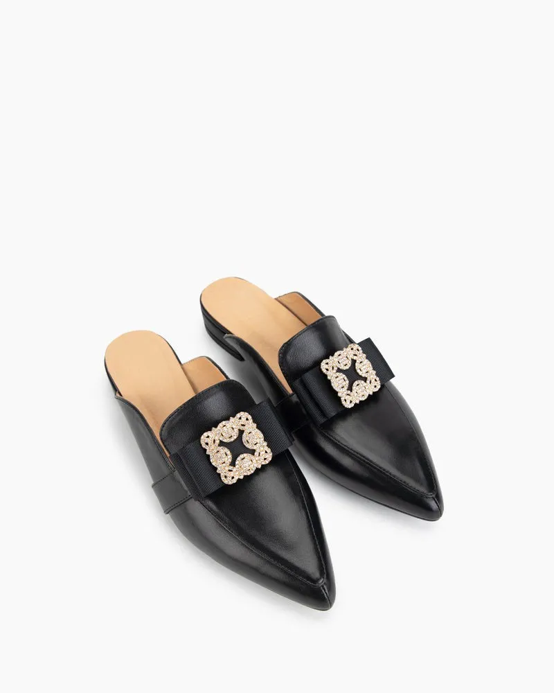 Black Leather Flat Mules