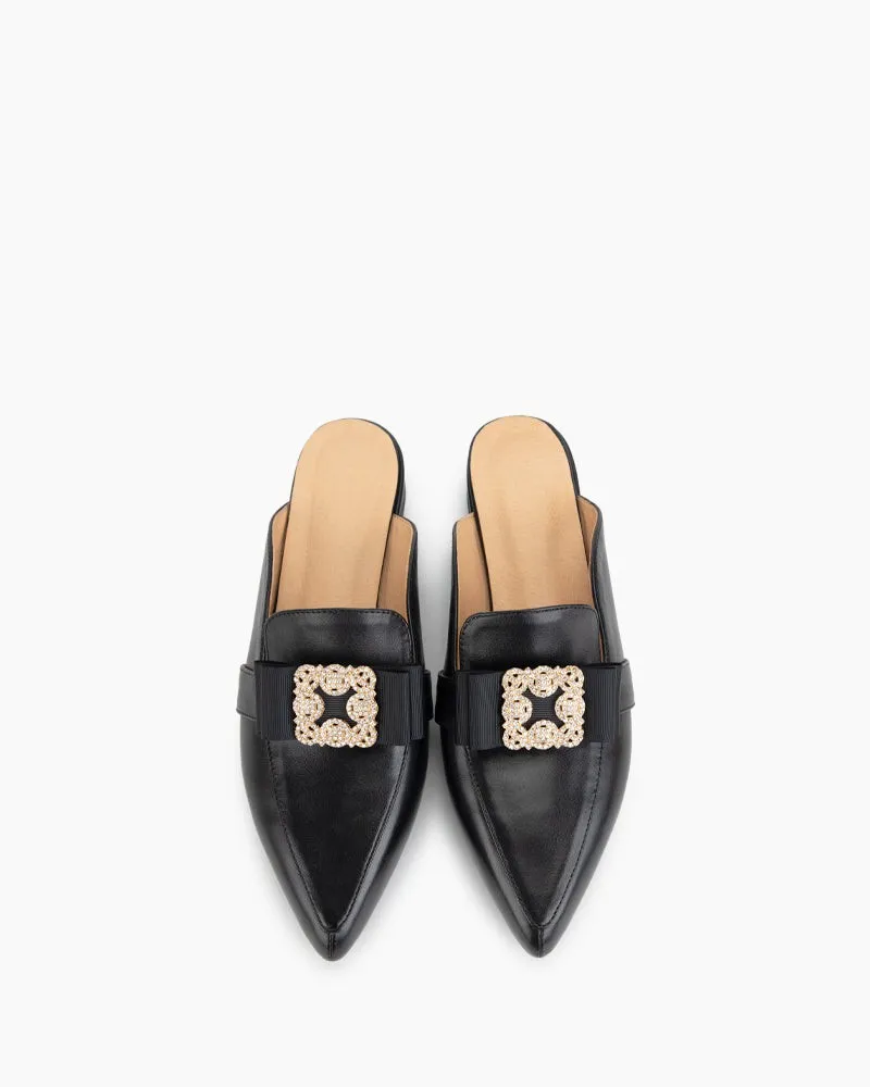 Black Leather Flat Mules