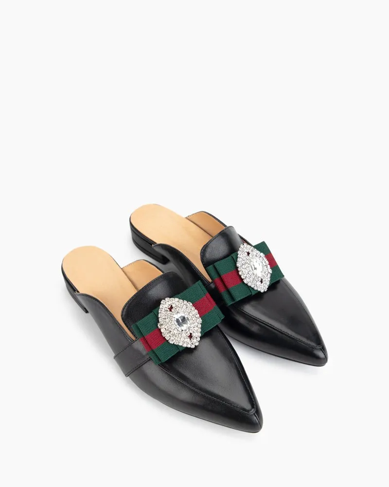 Black Leather Flat Mules