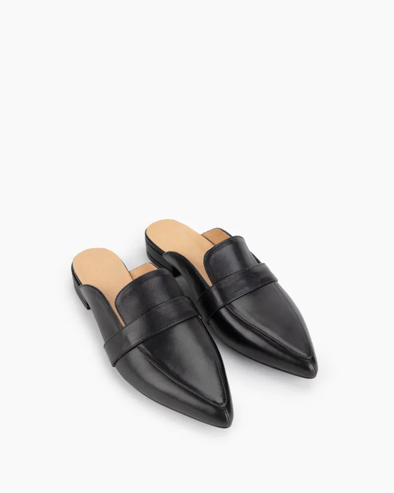 Black Leather Flat Mules