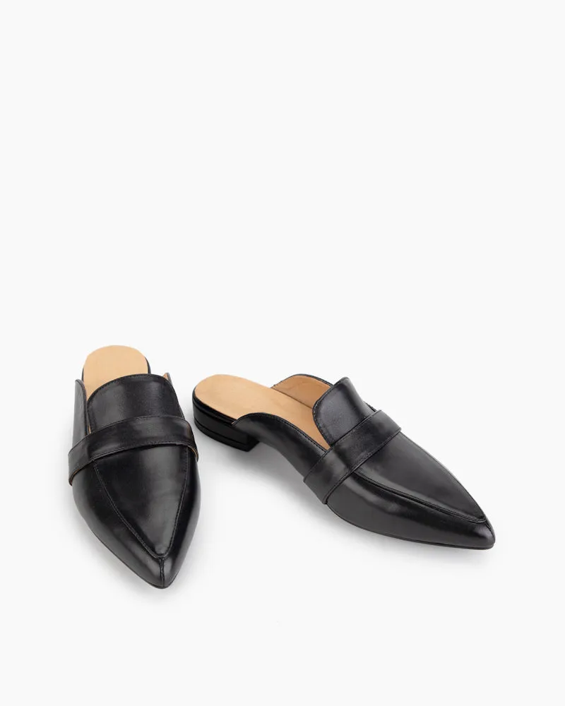 Black Leather Flat Mules