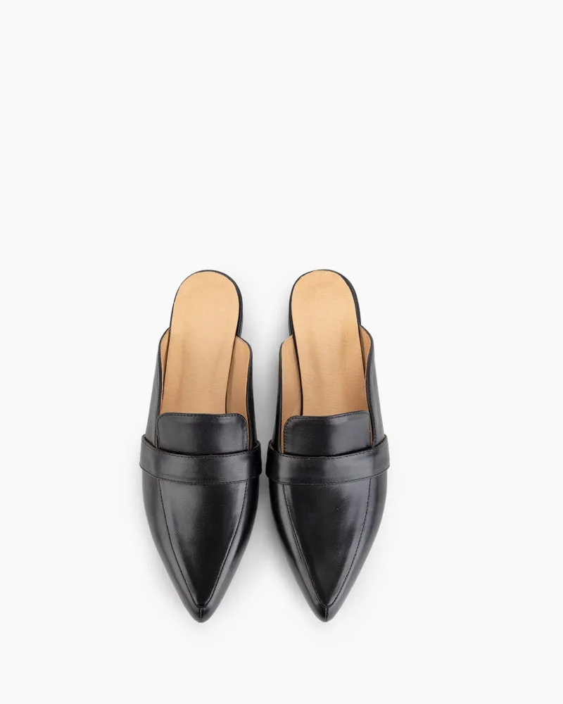 Black Leather Flat Mules