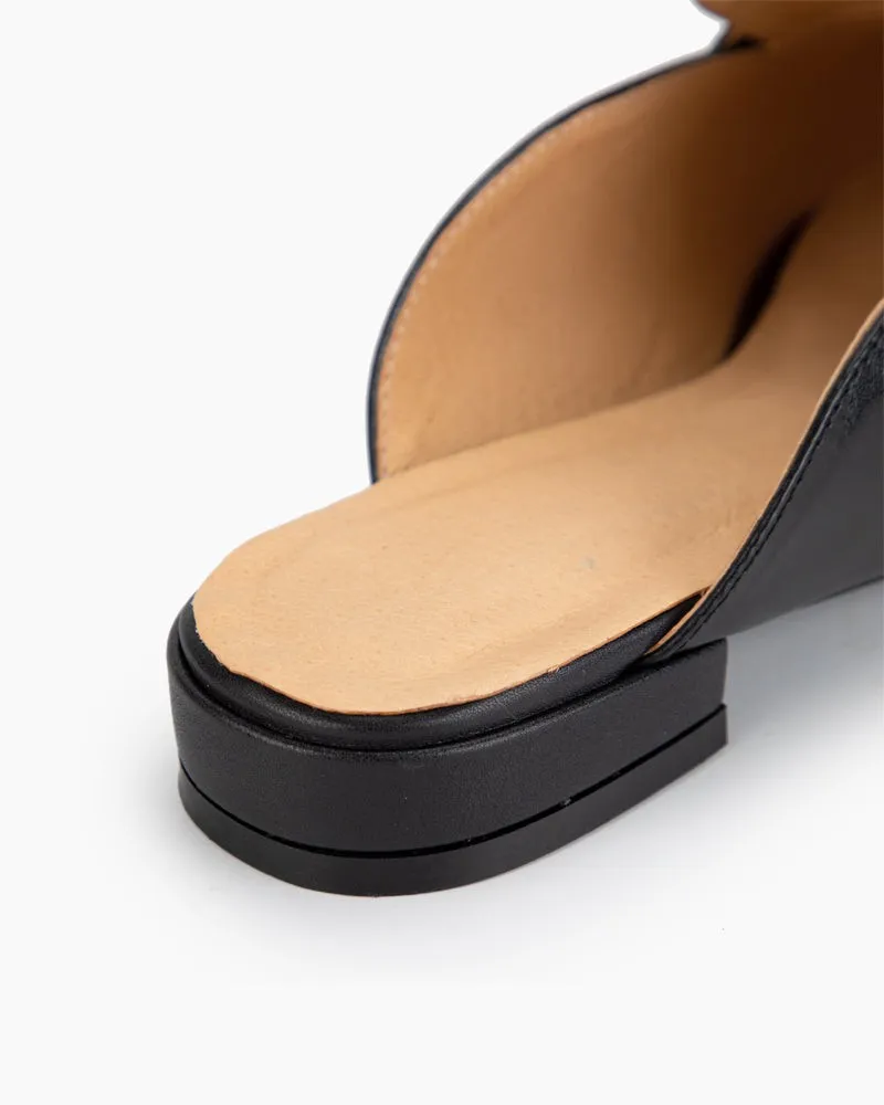 Black Leather Flat Mules