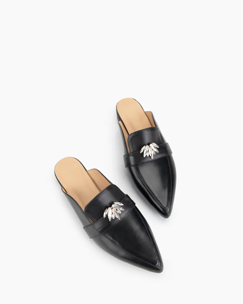 Black Leather Flat Mules