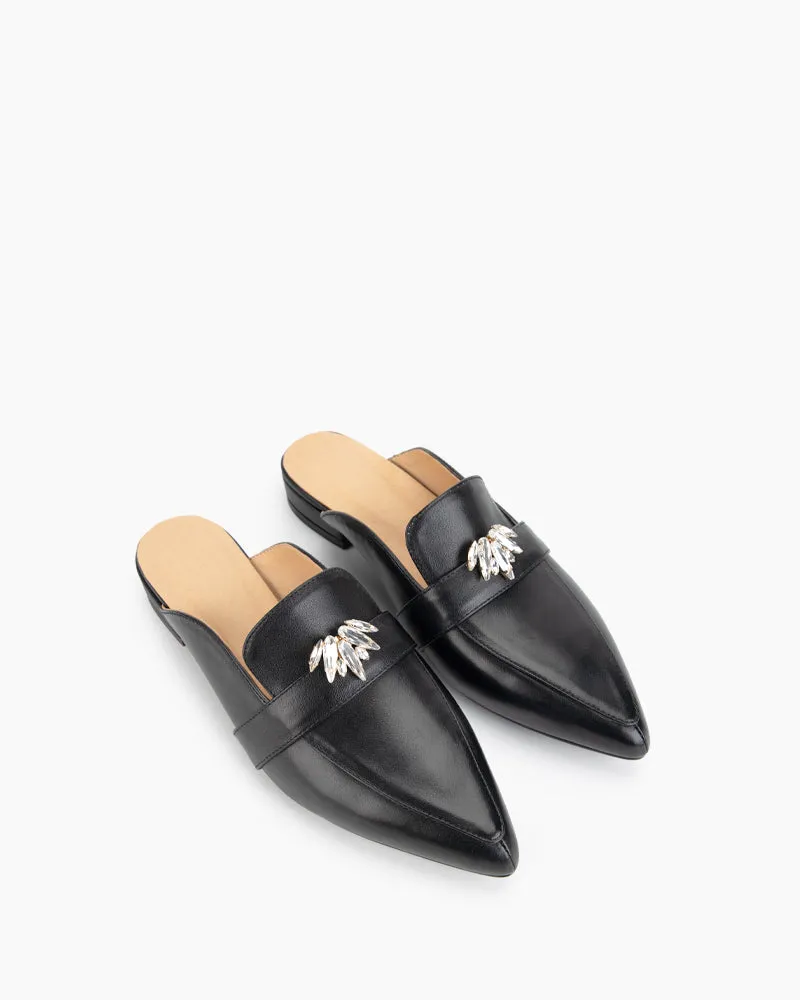 Black Leather Flat Mules