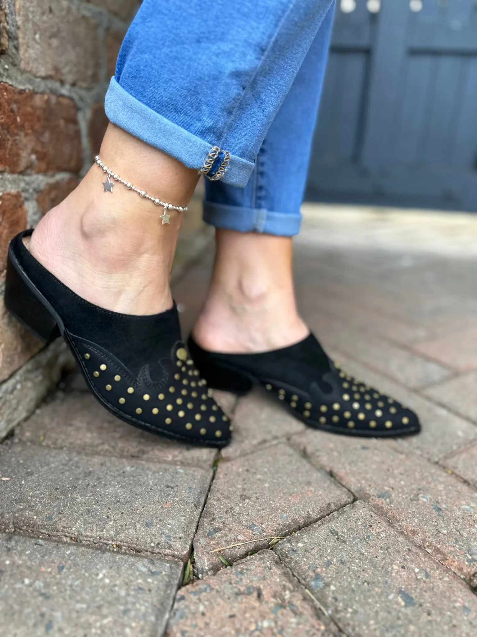 Black Studded Pointed Toe Heeled Slip-On