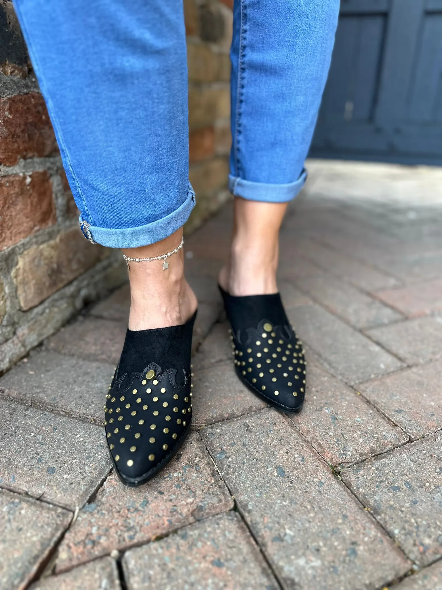 Black Studded Pointed Toe Heeled Slip-On