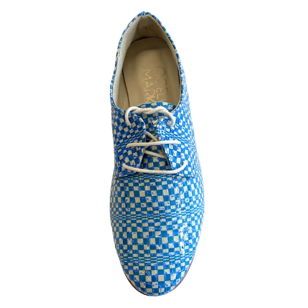 Blue and White Checkered Brogue Shoes.