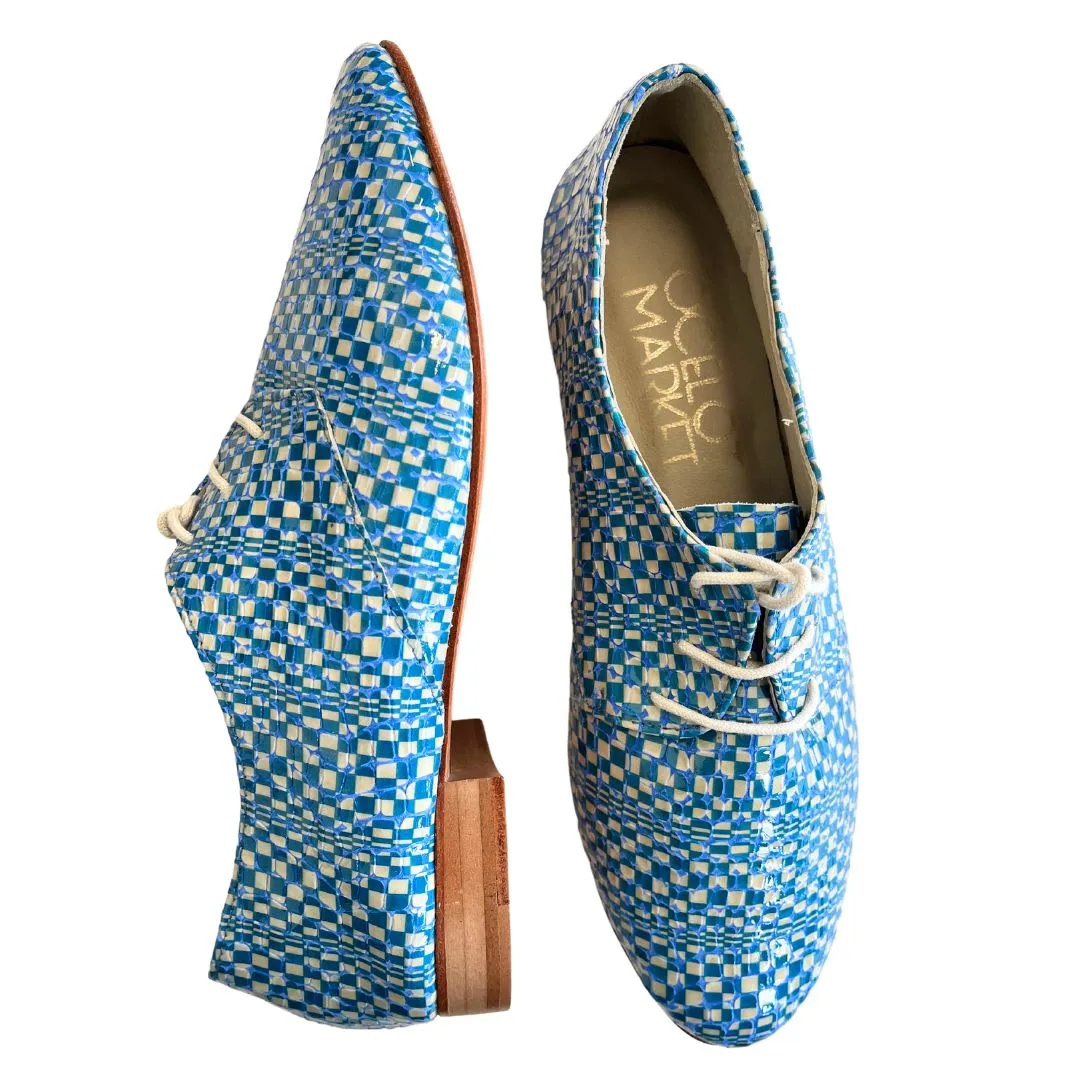 Blue and White Checkered Brogue Shoes.