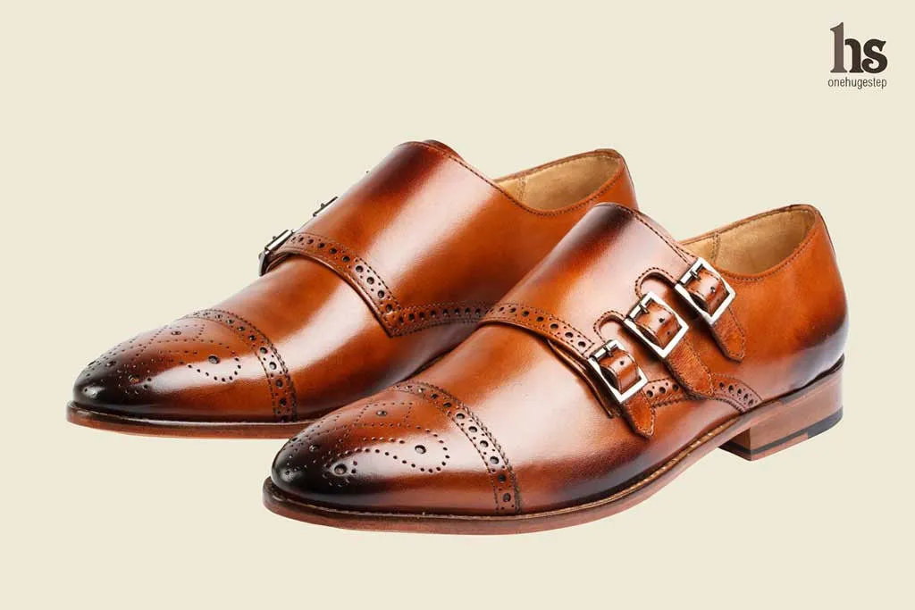 Brogue Monk Shoes with Triple Strap in Tan