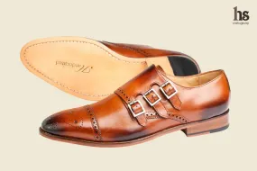 Brogue Monk Shoes with Triple Strap in Tan