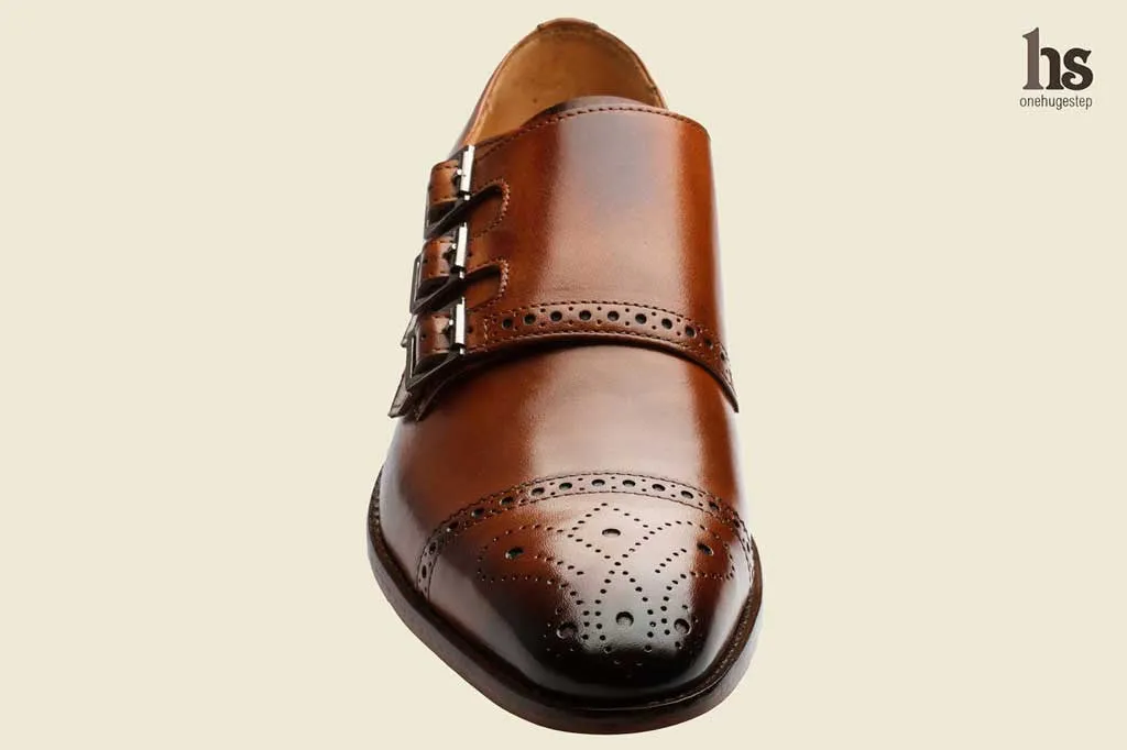 Brogue Monk Shoes with Triple Strap in Tan