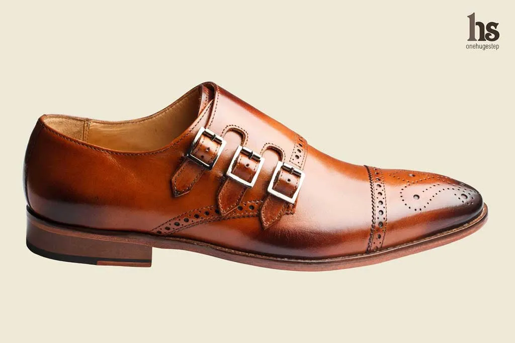 Brogue Monk Shoes with Triple Strap in Tan