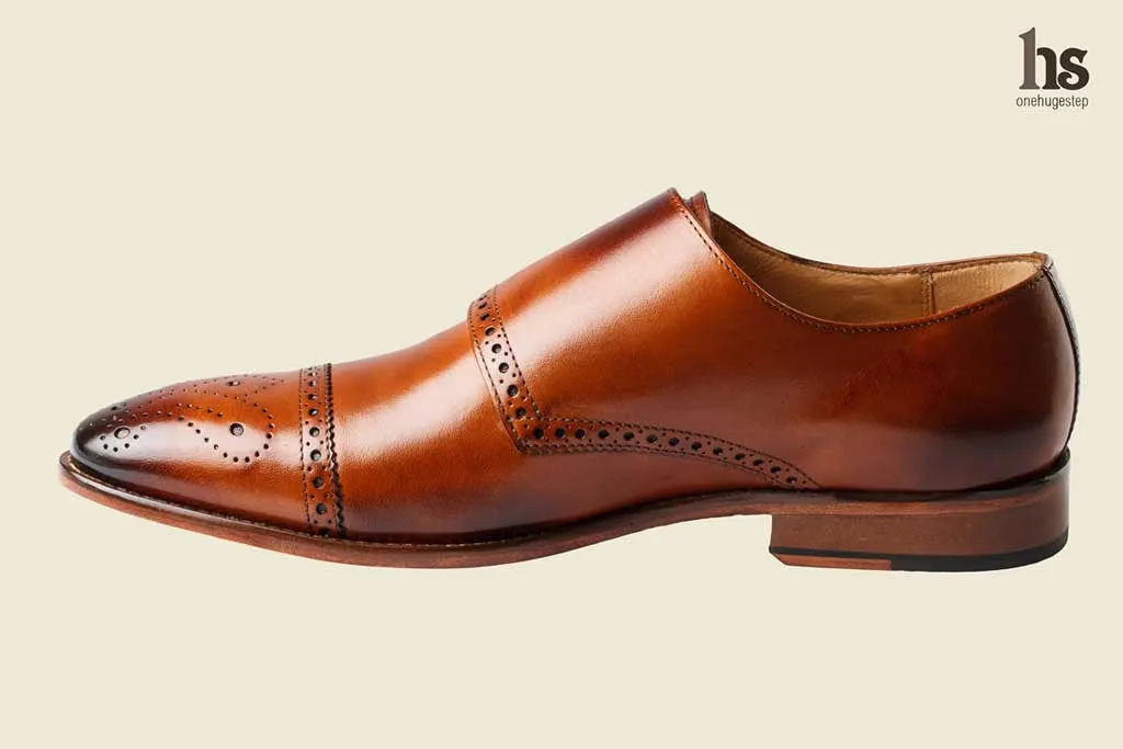 Brogue Monk Shoes with Triple Strap in Tan