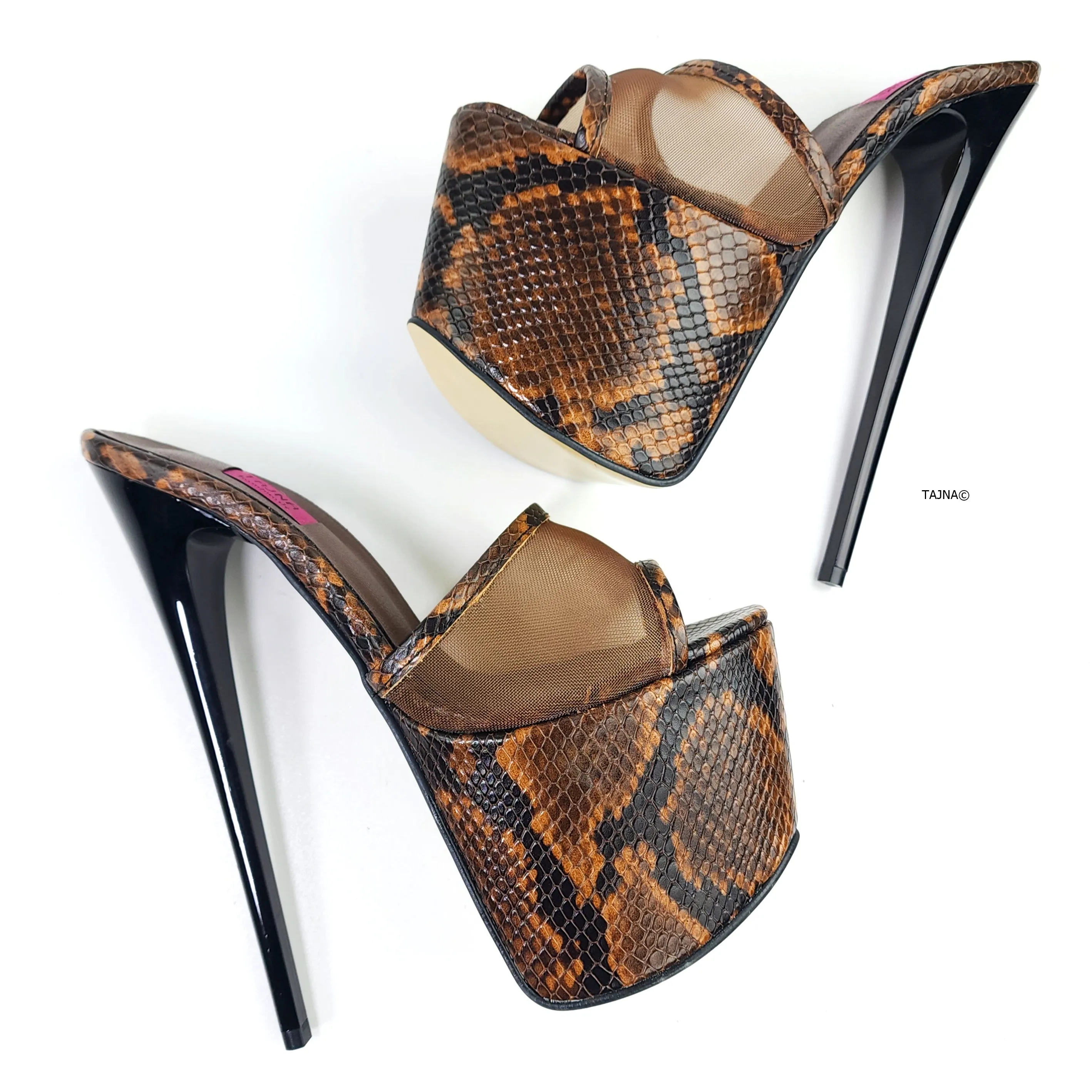 Brown Snake Print High Heel Mules