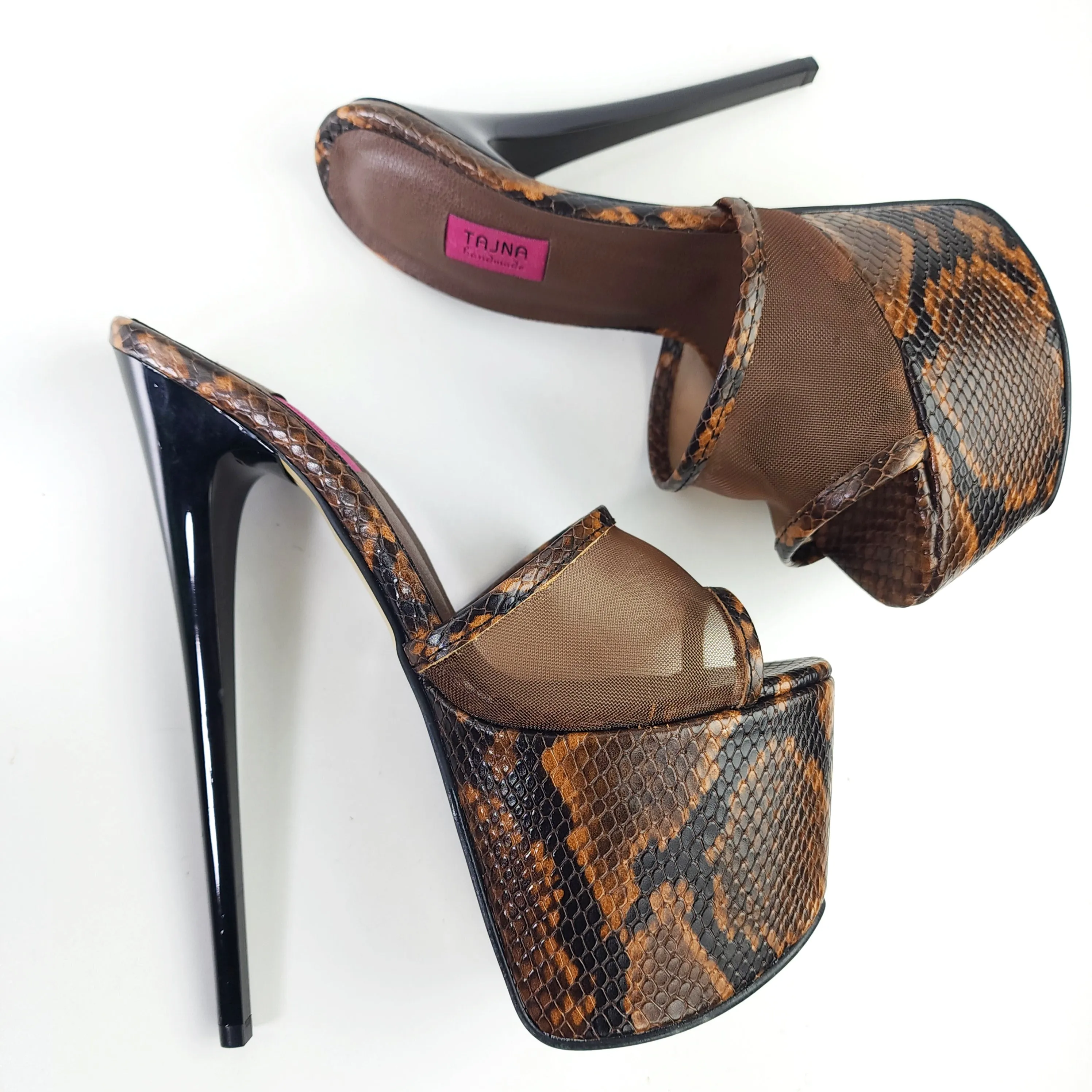 Brown Snake Print High Heel Mules