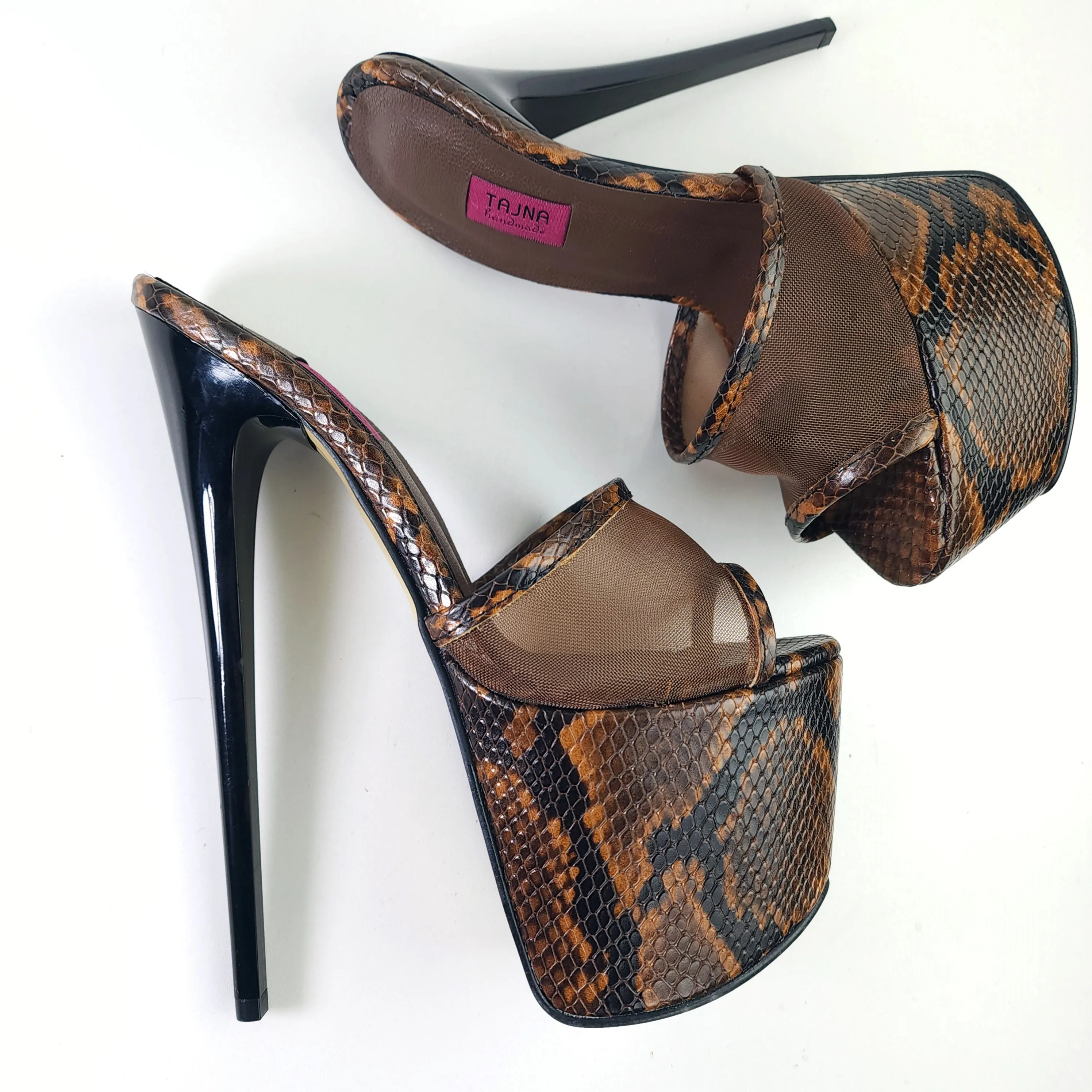 Brown Snake Print High Heel Mules