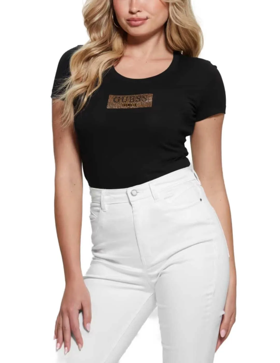 Camiseta Guess Studs negro manga corta para mujer