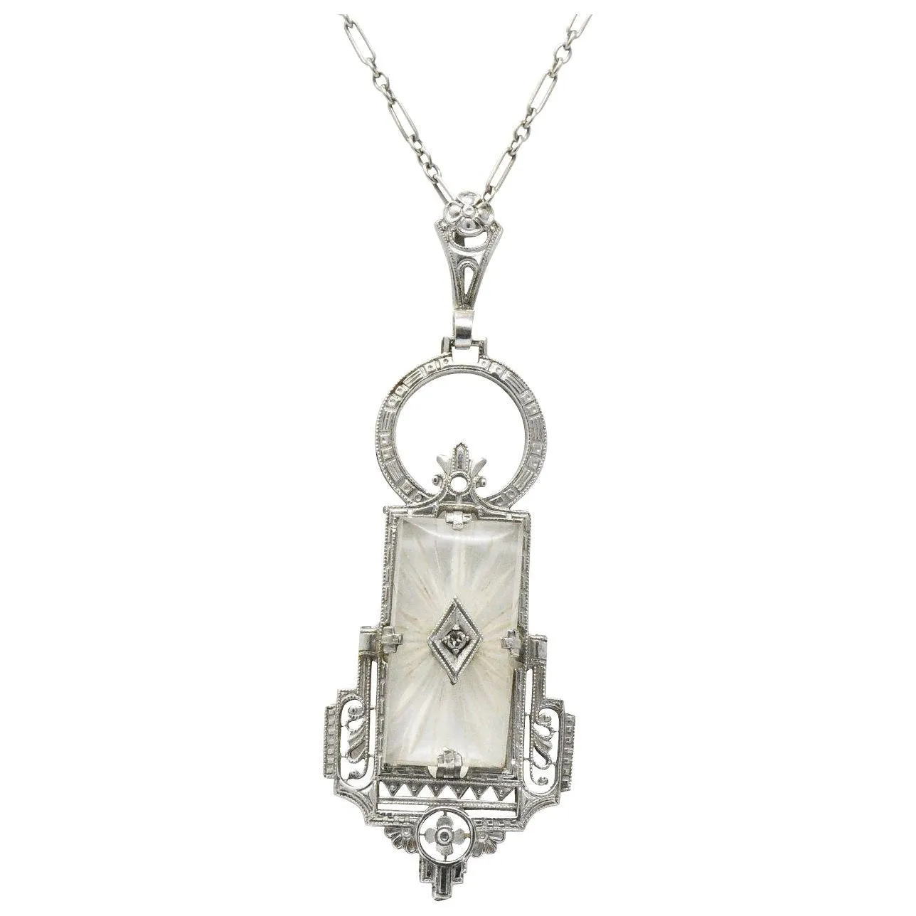 Camphor Glass Diamond Pendant Necklace, Art Deco Style, 14K White Gold