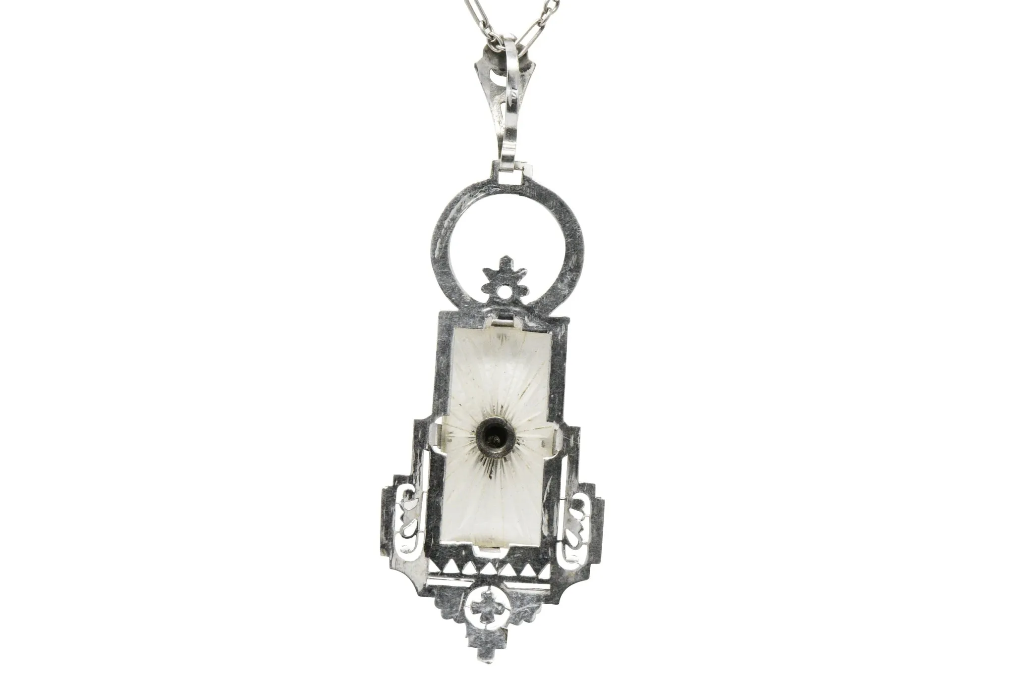 Camphor Glass Diamond Pendant Necklace, Art Deco Style, 14K White Gold