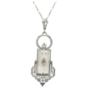 Camphor Glass Diamond Pendant Necklace, Art Deco Style, 14K White Gold