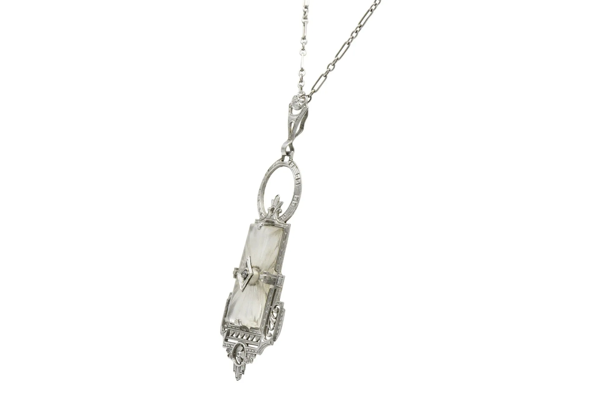 Camphor Glass Diamond Pendant Necklace, Art Deco Style, 14K White Gold