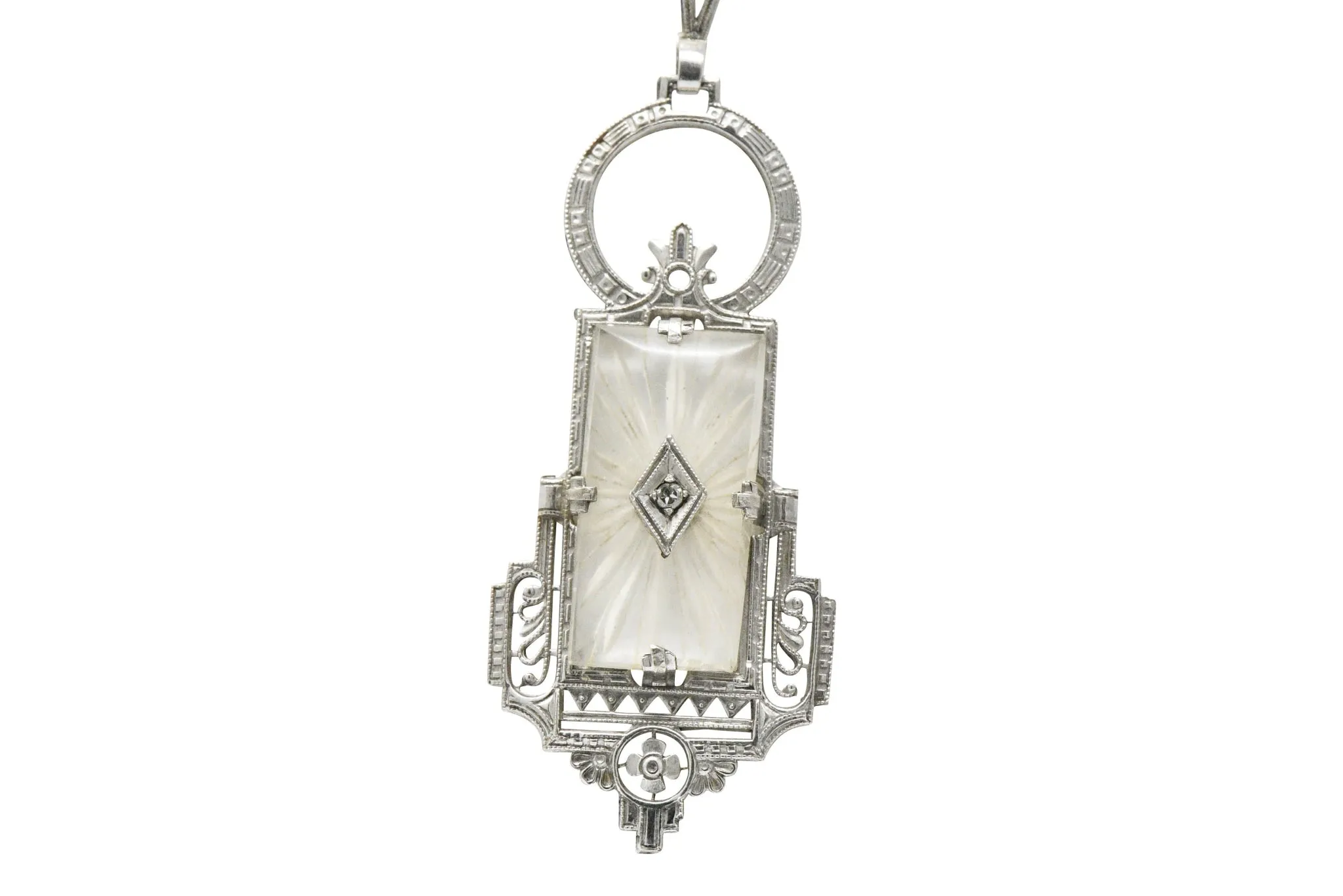 Camphor Glass Diamond Pendant Necklace, Art Deco Style, 14K White Gold