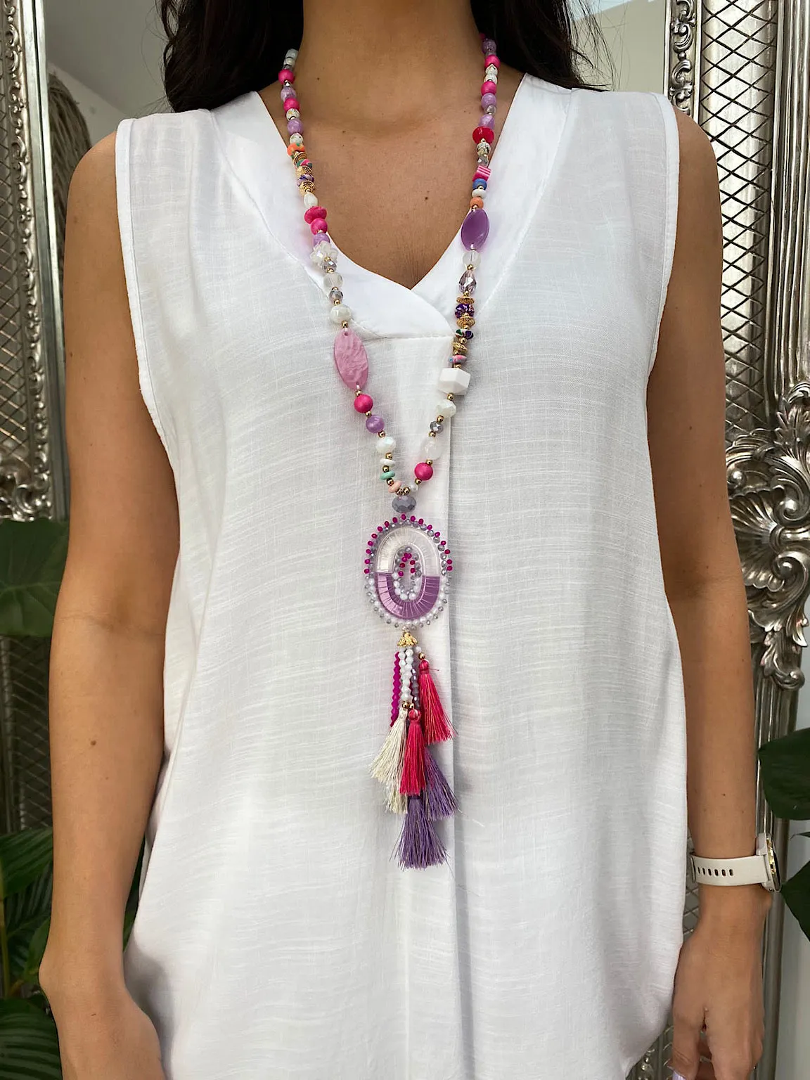 Circle Gem Tassel Necklace - Buy online