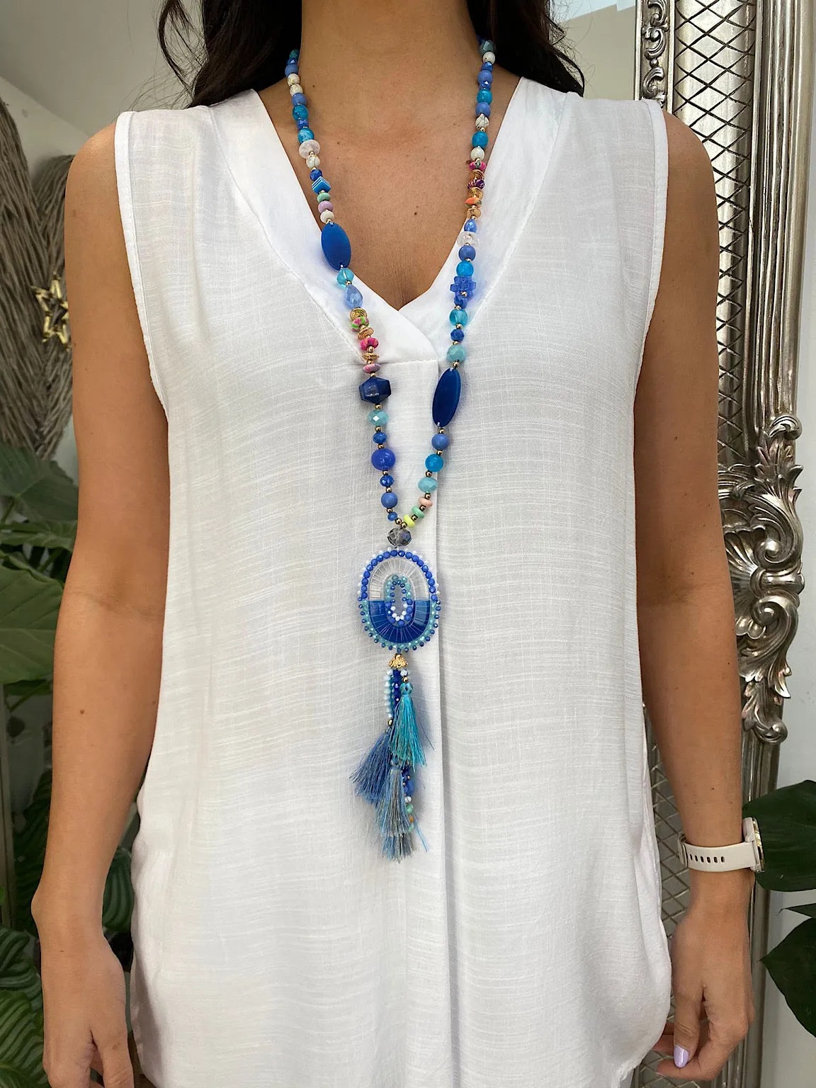 Circle Gem Tassel Necklace - Buy online