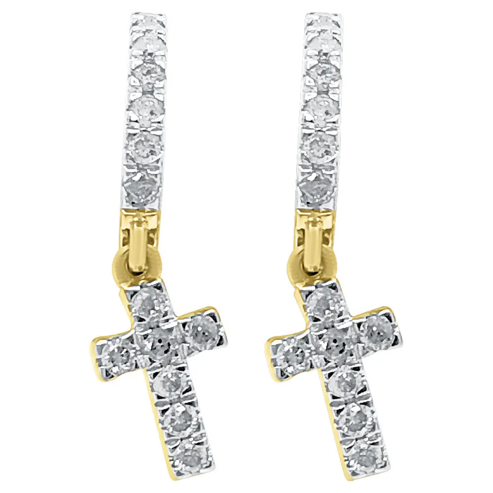 Dangling Cross Hoop Diamond Earrings - 0.37cttw, 10K Yellow Gold