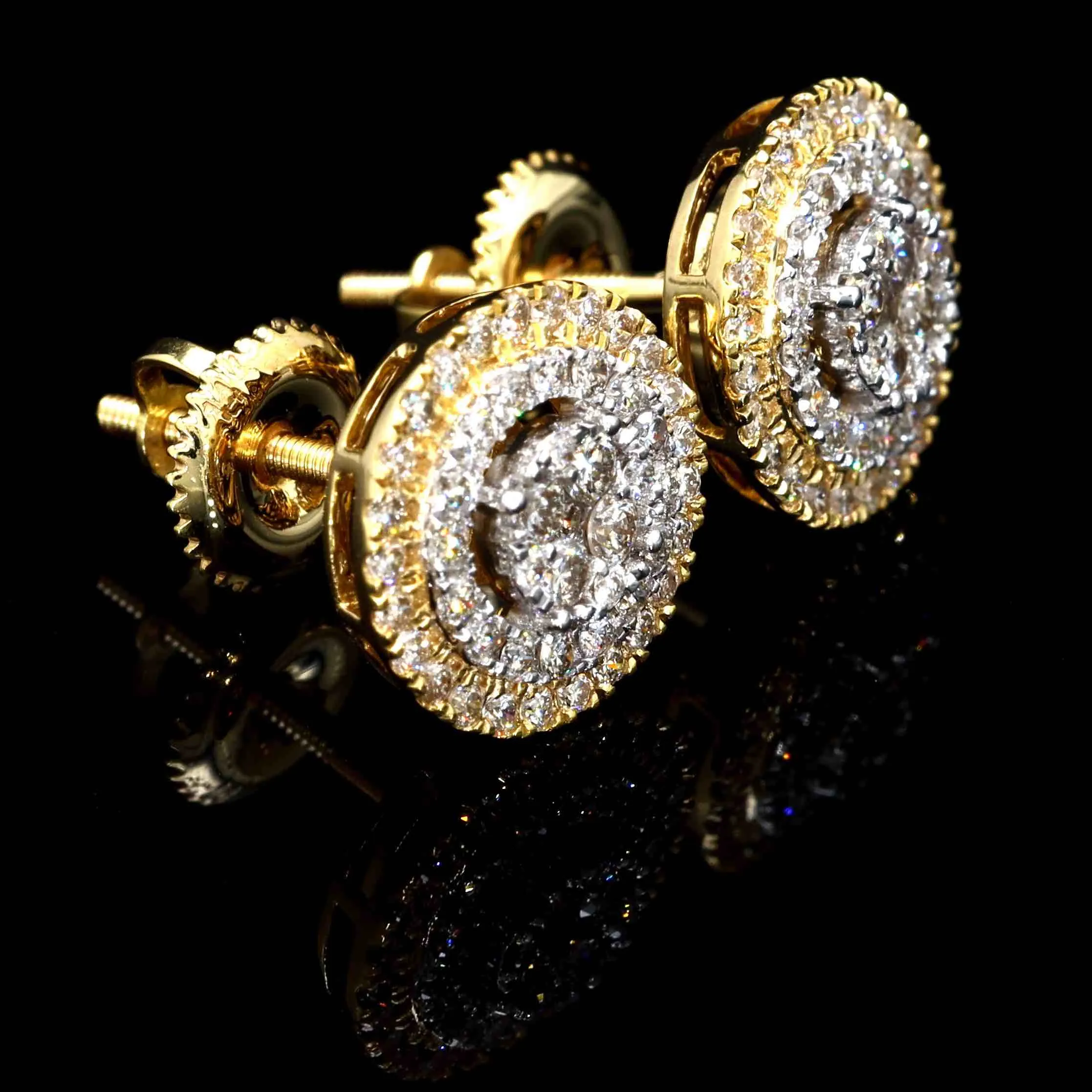 Double Halo Cluster Diamond Earrings - Solid 14K Gold