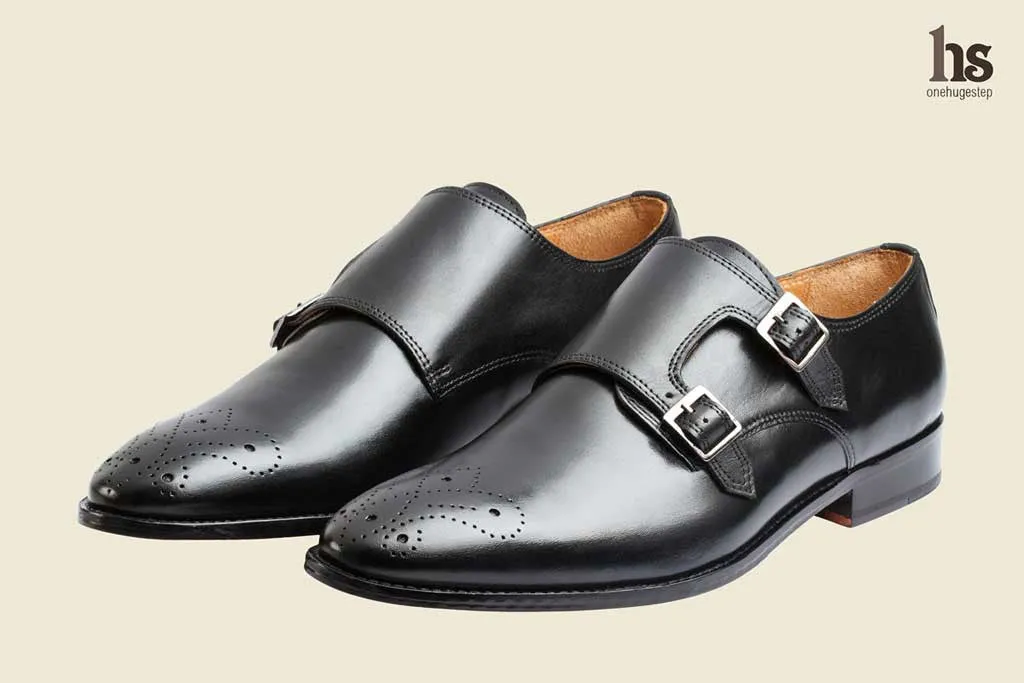 Double Strap Monk Shoe with Medallion - Black