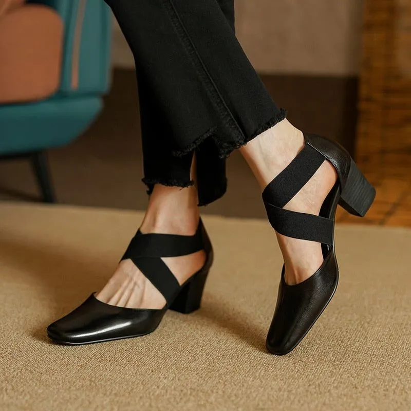 DX155 Women's Casual Shoes - Cross-Tied Sandals Pumps with Thick Heel