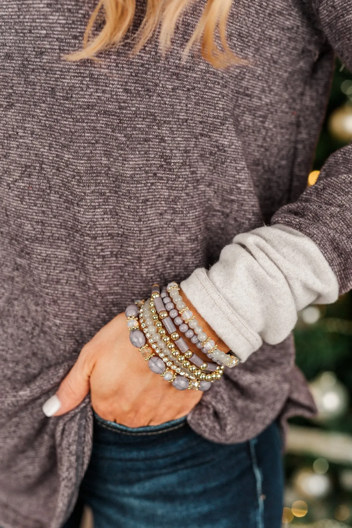 Elegant Beaded Bracelet Set - Steel Grey & Gold