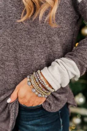 Elegant Beaded Bracelet Set - Steel Grey & Gold