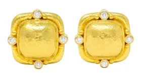 Elizabeth Locke Diamond 19 Karat Hammered Gold Cushion Earrings