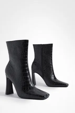 Flat Heel Square Toe Croc Ankle Boots