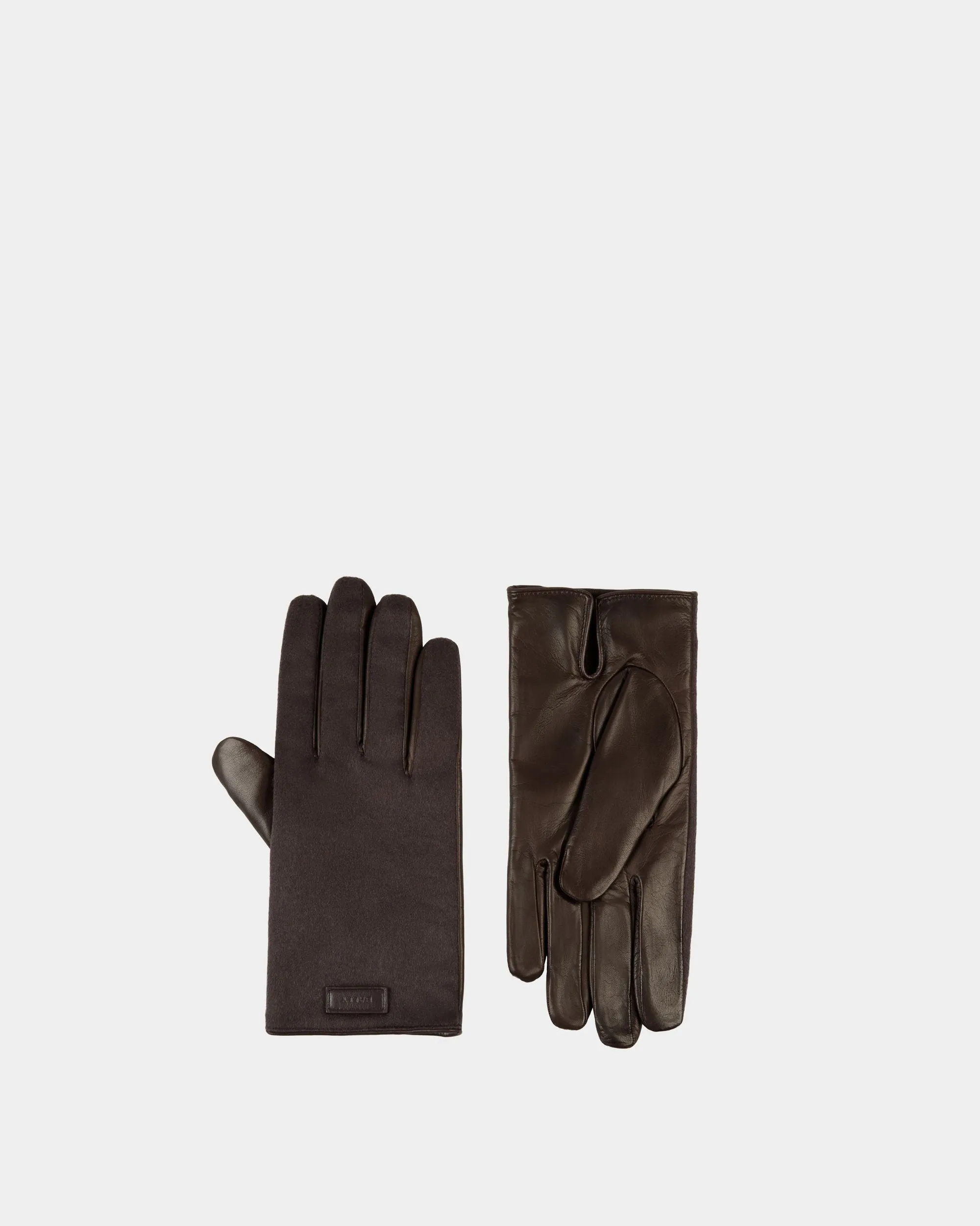 Gloves With Logo In Ebano Cashmere And Leather 