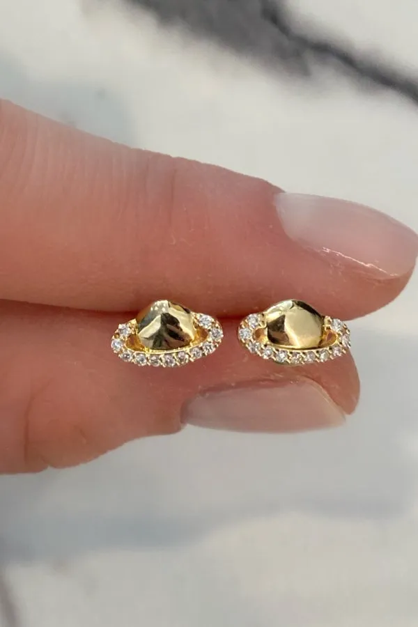 Gold Saturn Diamond Stud Earrings