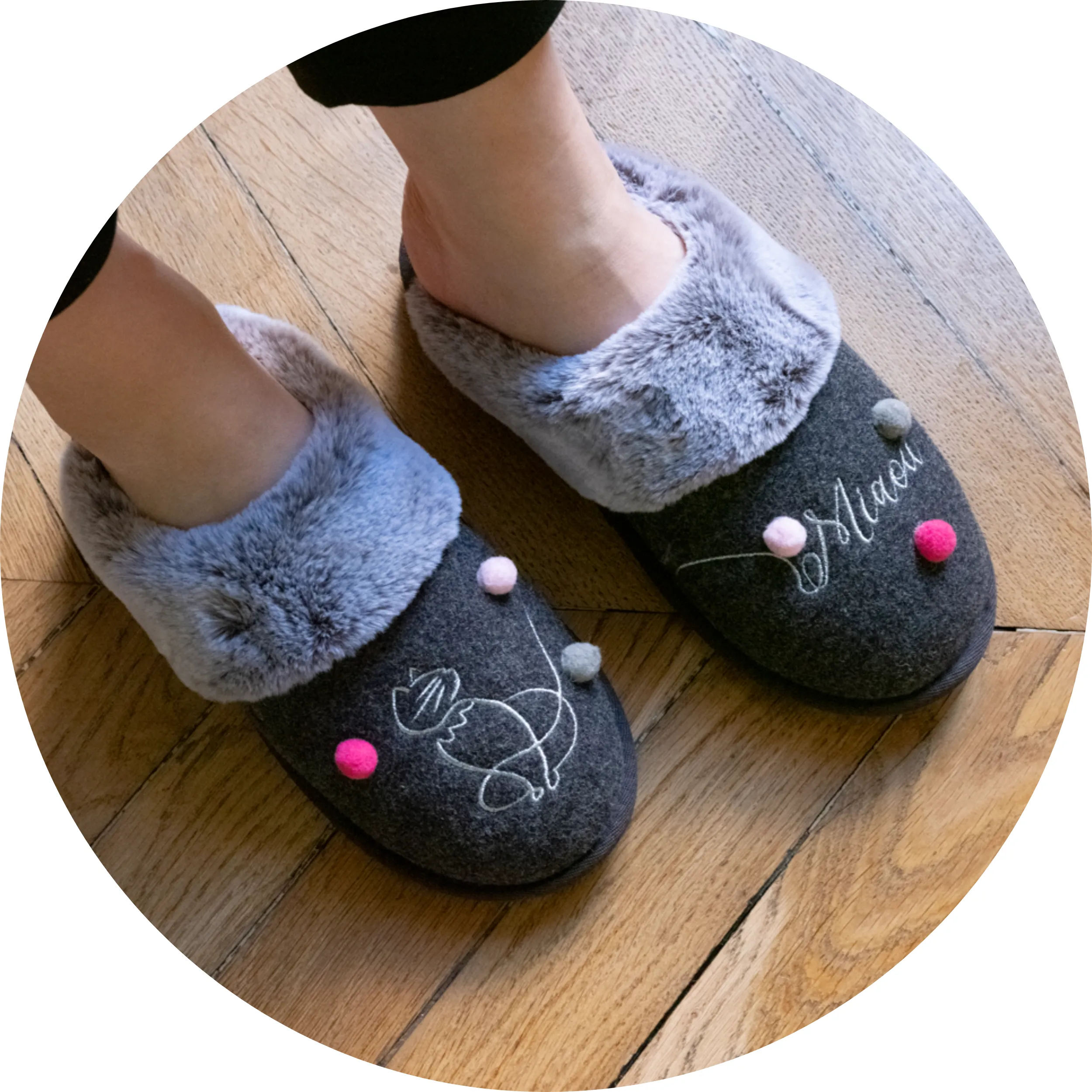 Grey knit mule slippers for women.