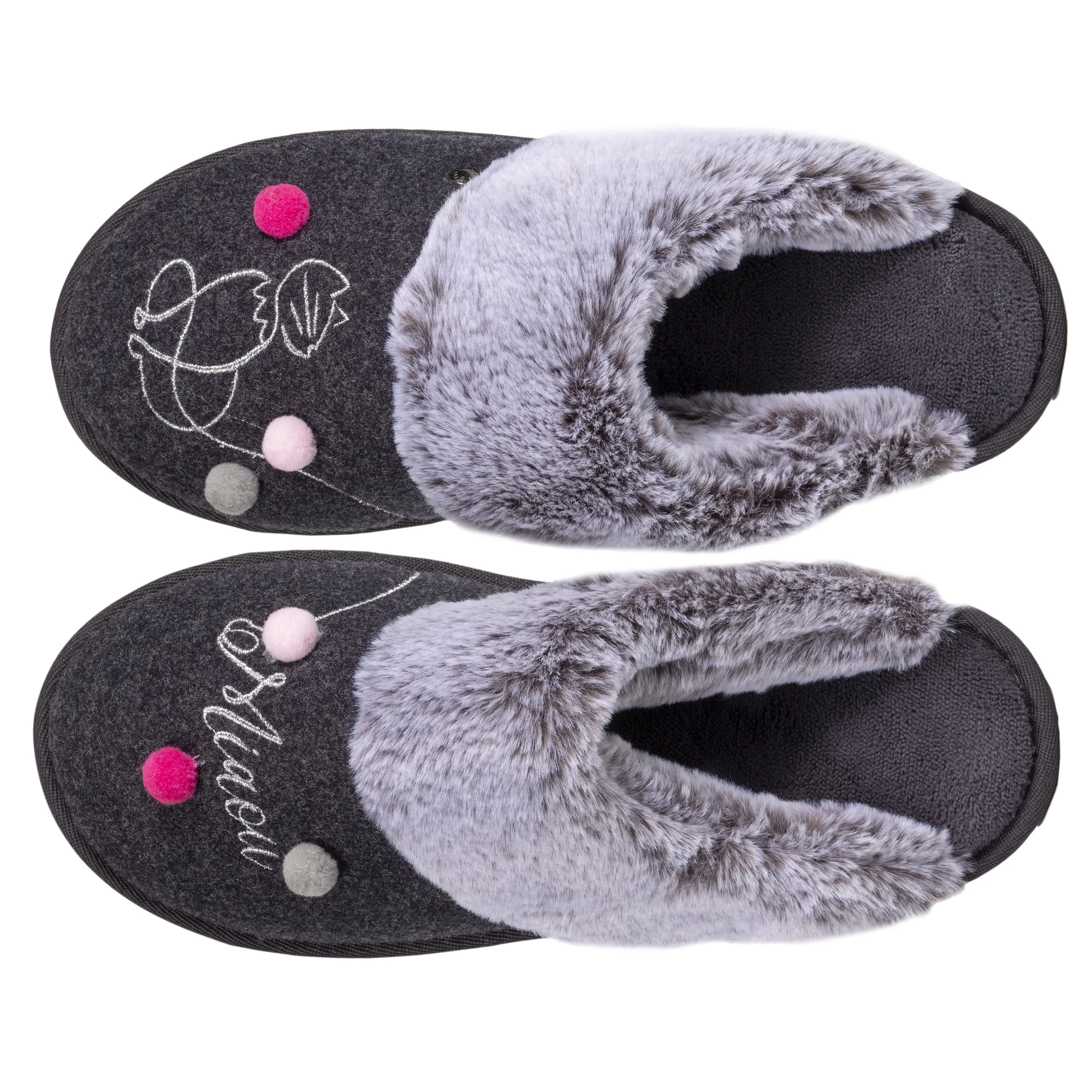 Grey knit mule slippers for women.