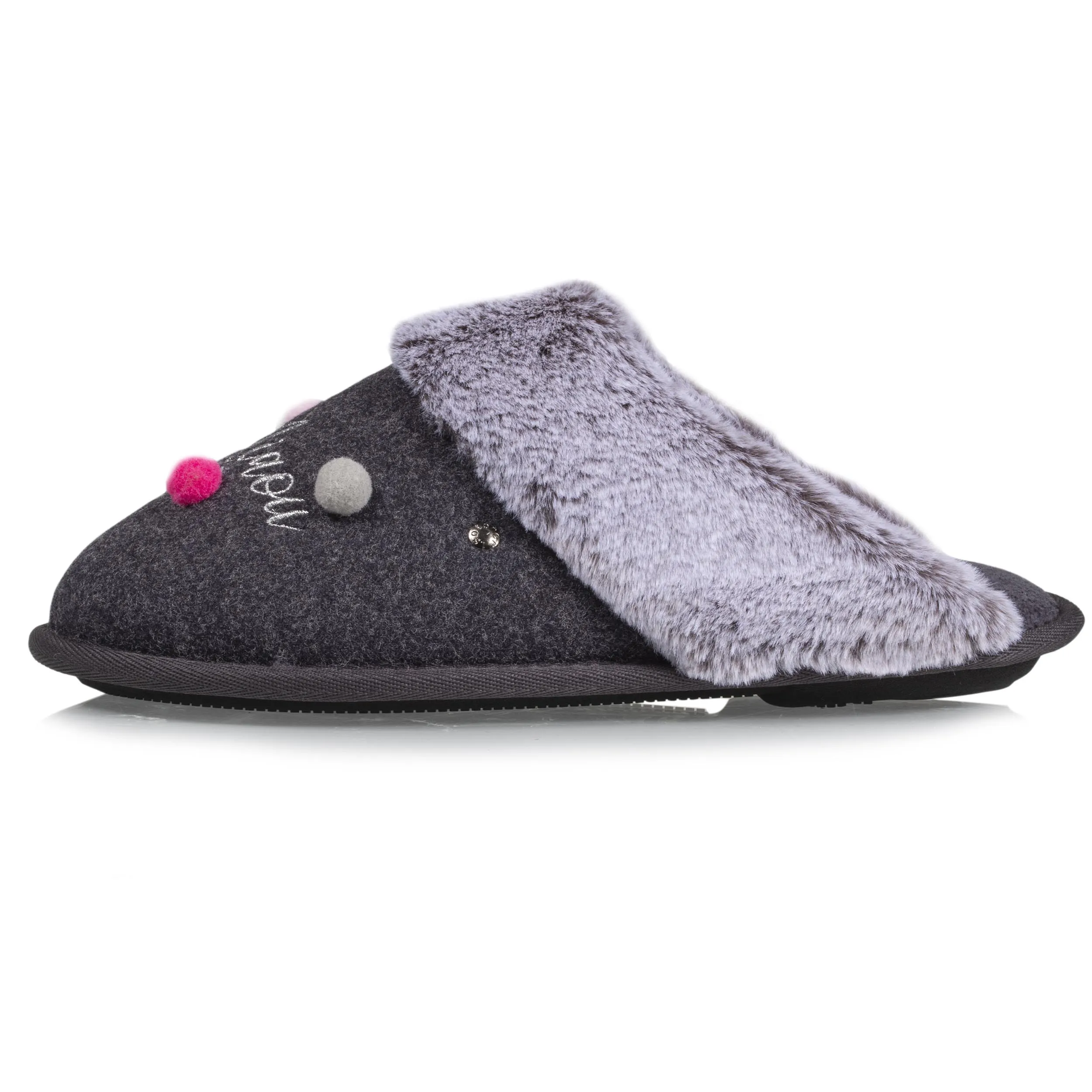 Grey knit mule slippers for women.