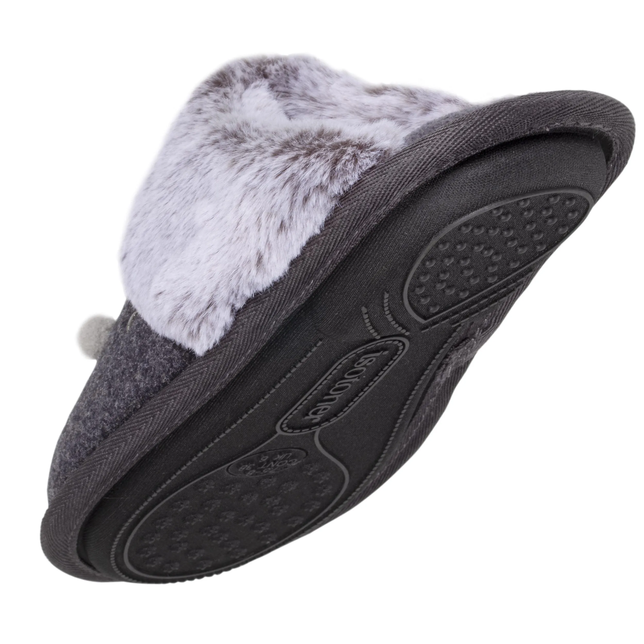 Grey knit mule slippers for women.