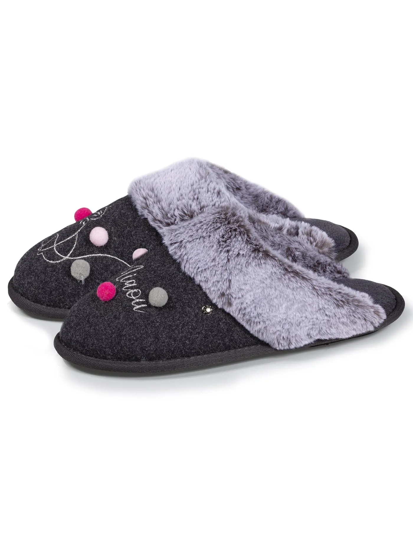 Grey knit mule slippers for women.