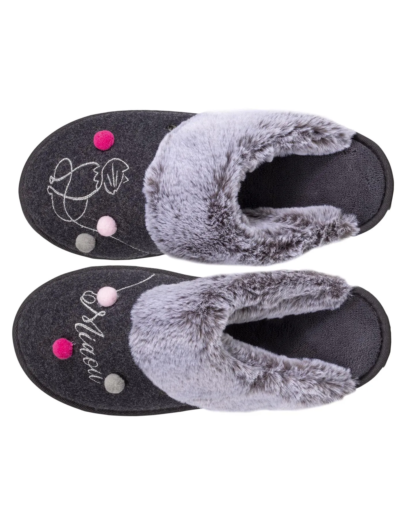 Grey knit mule slippers for women.