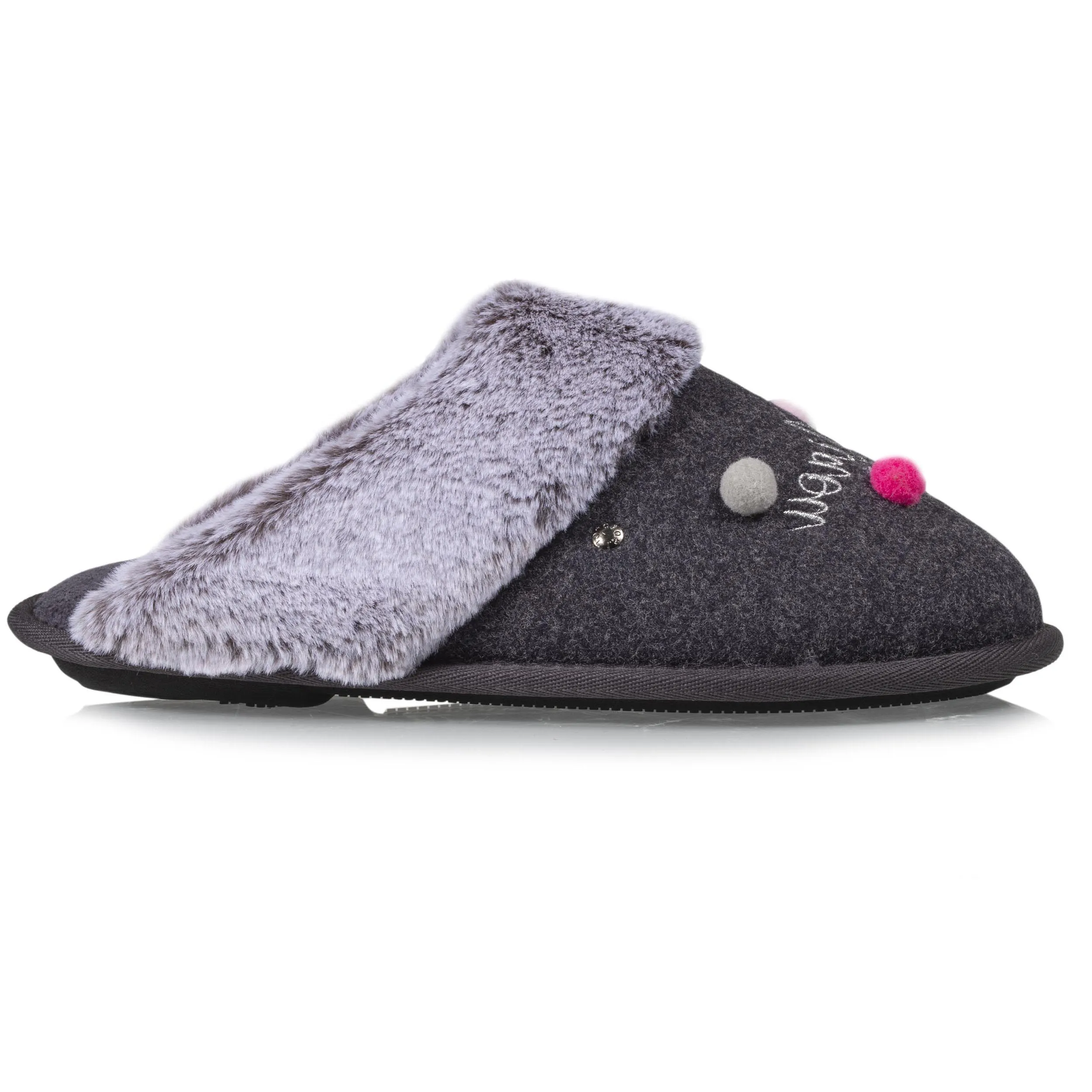 Grey knit mule slippers for women.