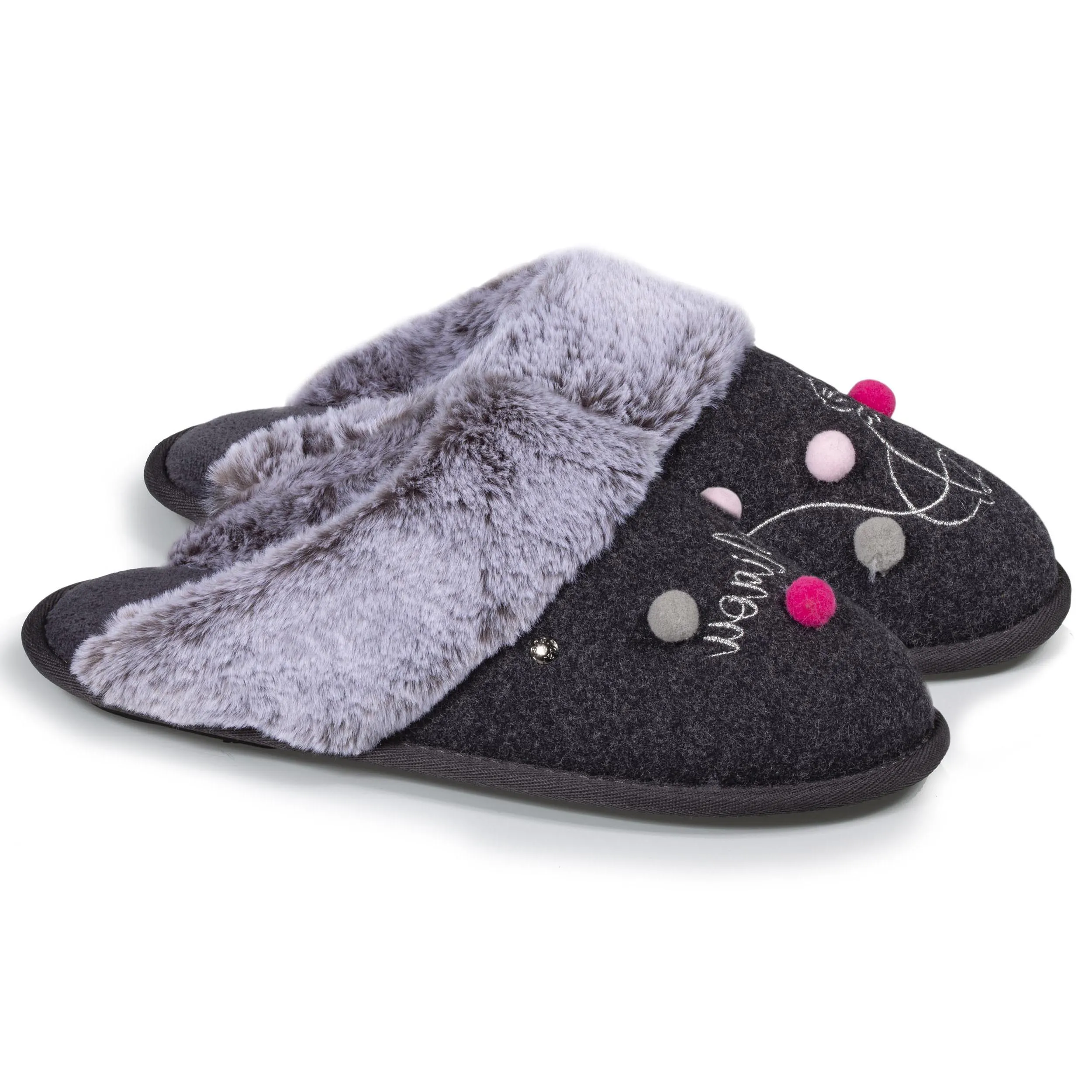 Grey knit mule slippers for women.