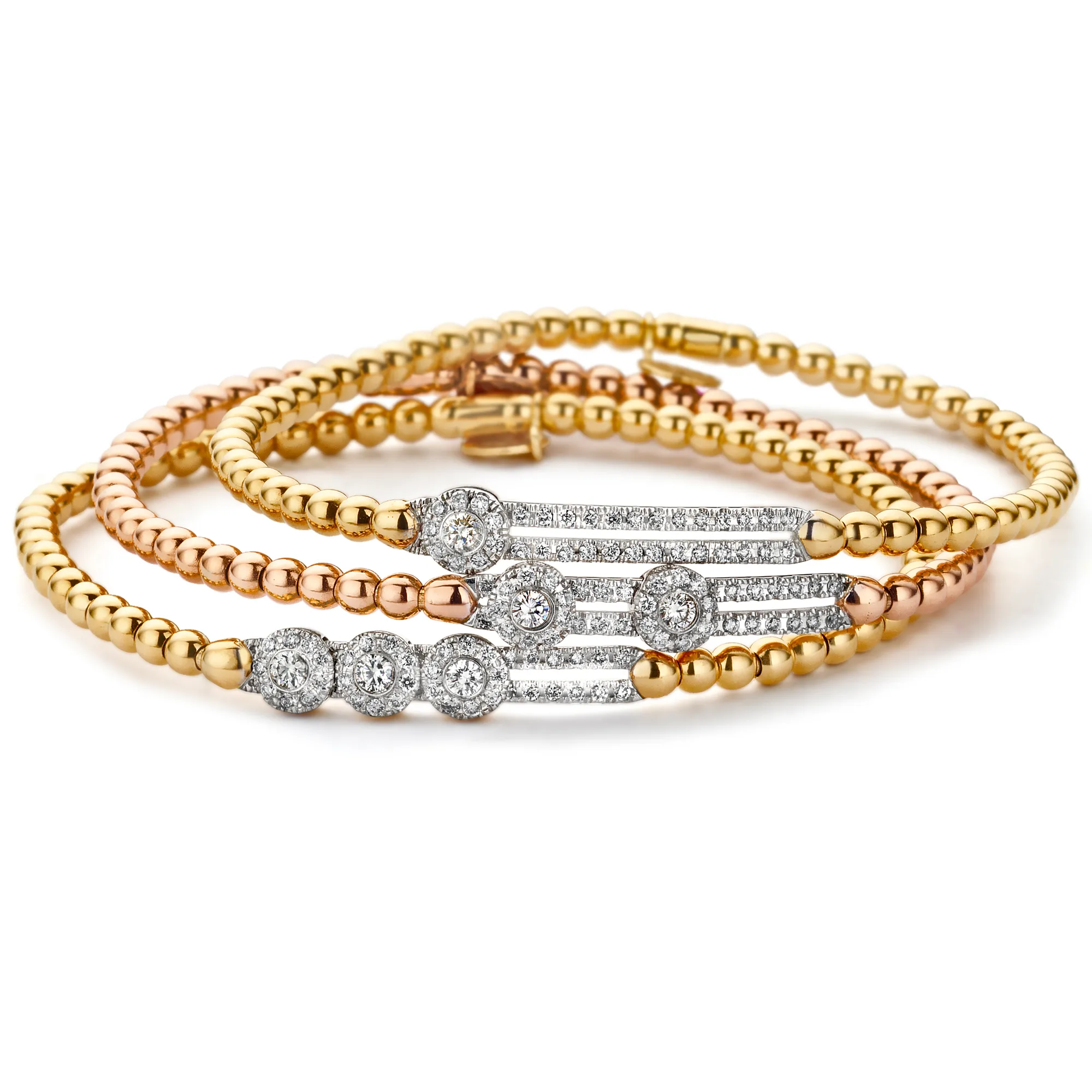 Hulchi Belluni Rose Gold Fidget Bracelet: Three Pave Diamond Stations, Stretch Stackable