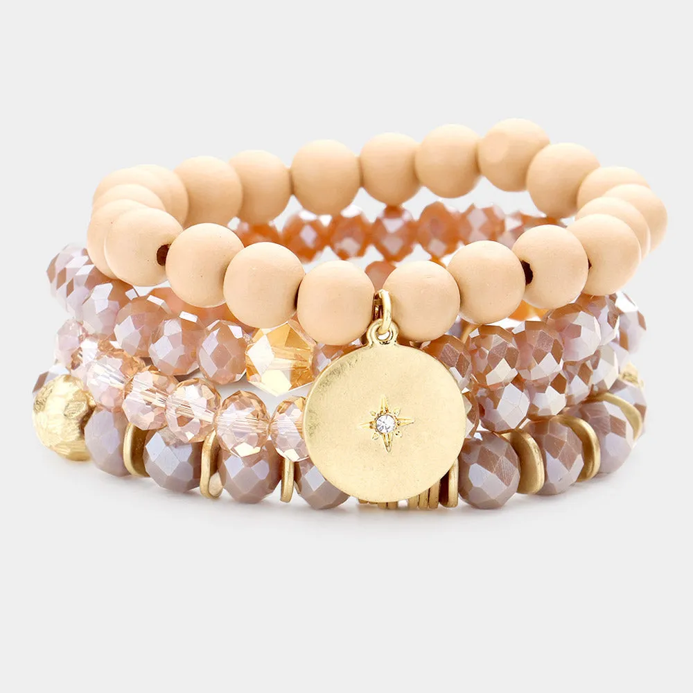 iLLASPARKZ 4PCS - North Star Accented Round Charm Wood Faceted Beaded Stretch Bracelets